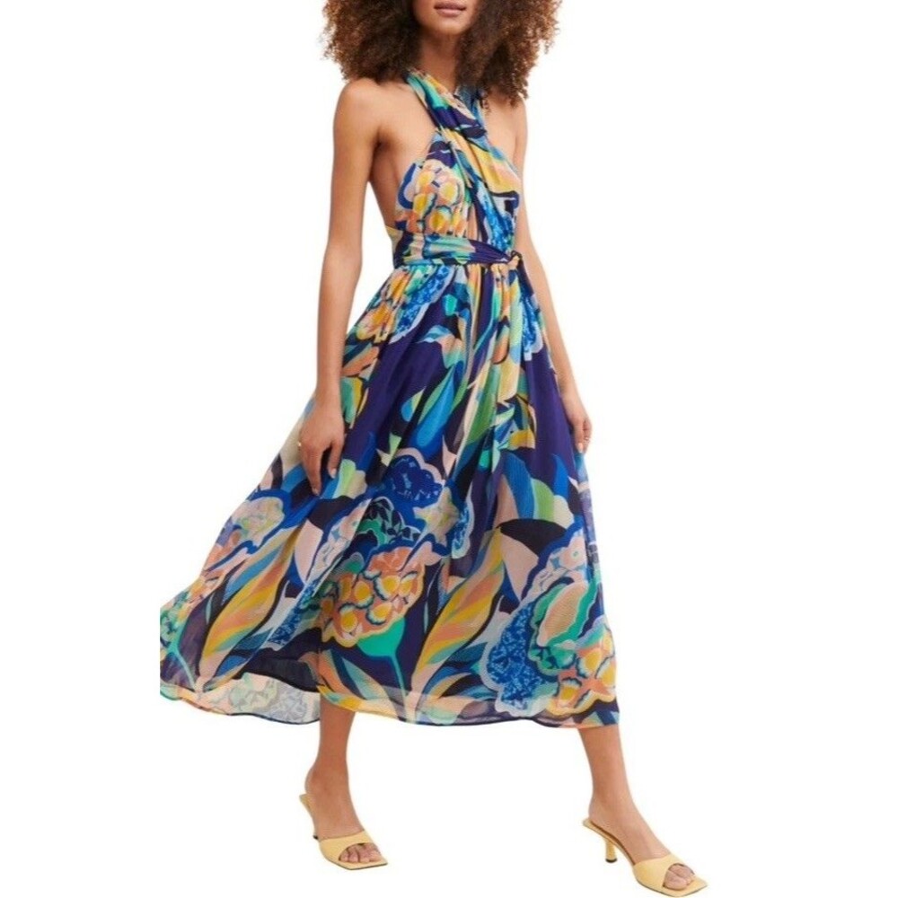 Alexandra Farmer Anthropologie Floral Halter Maxi Dress Cutout Open Back blue